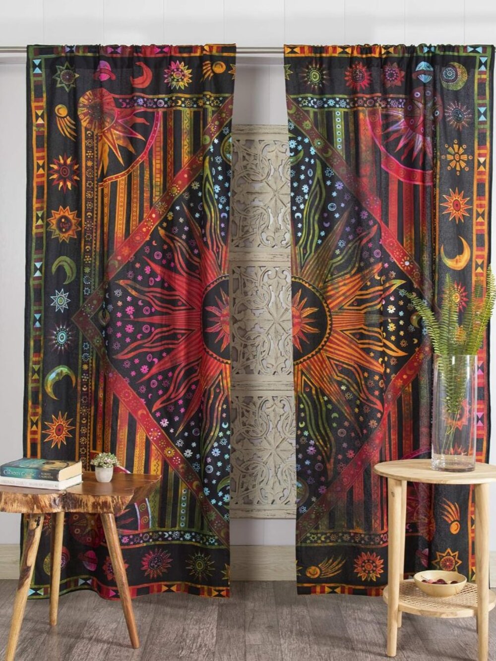 Indian Burning Sun Moon Hippie Mandala Window Curtains for Doorways Closets - Gy